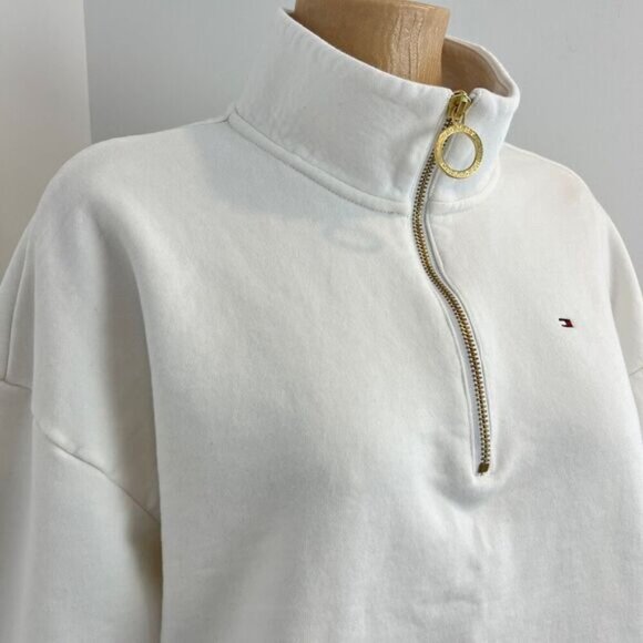 Tommy Hilfiger Women's Medium White Oversized 1/4 Zip Pullover Sweater Ring Zip - Picture 2 of 16